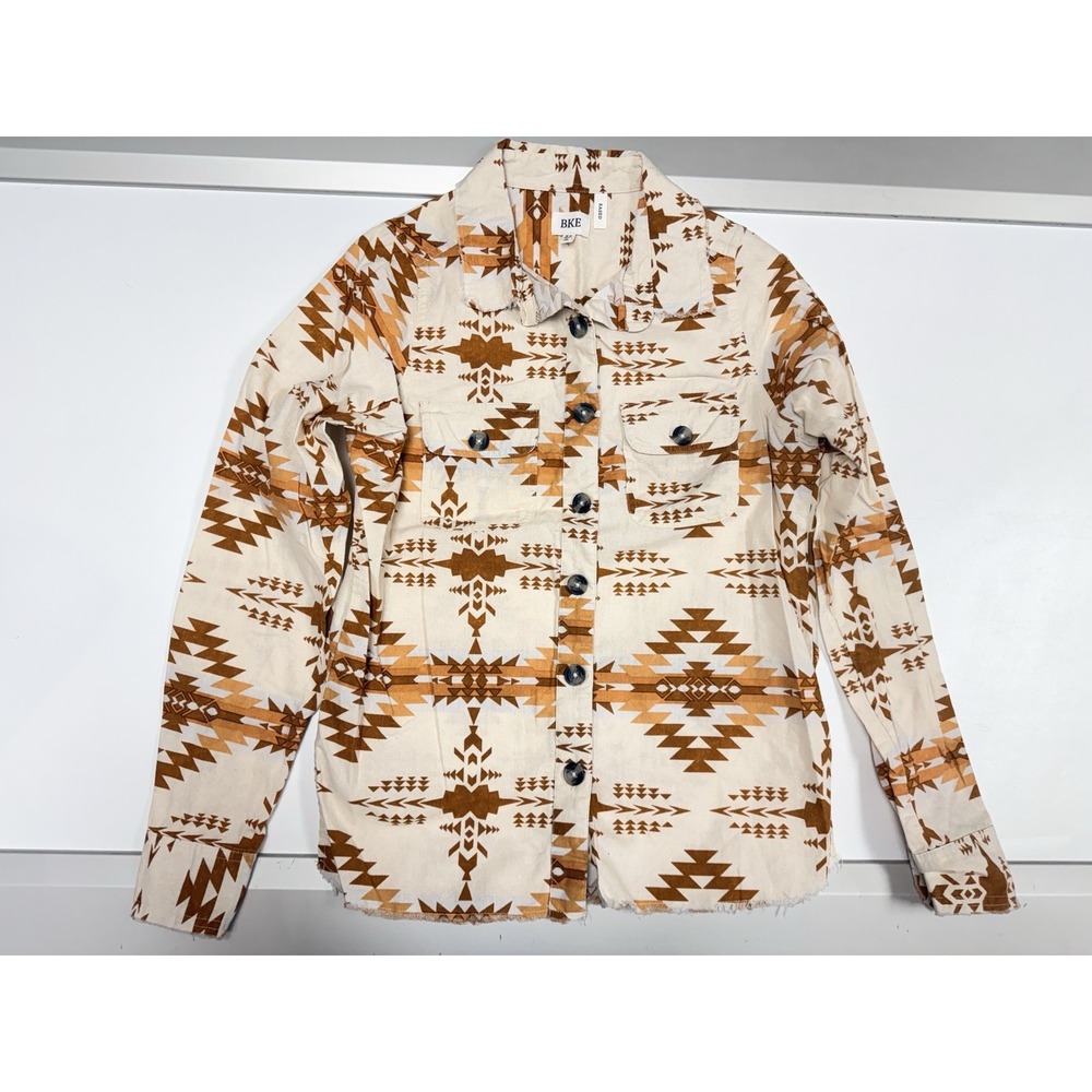 Women's BKE Aztec Washed Cream Rust Button Shirt Frayed Hem XSmall XS Western